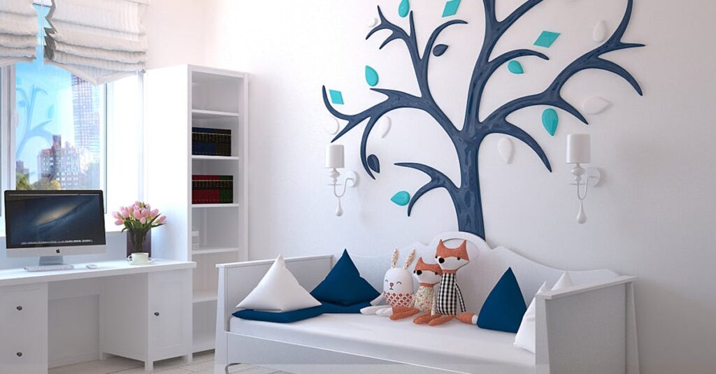 A stylish children's room with a modern design featuring a tree wall art and plush toys.